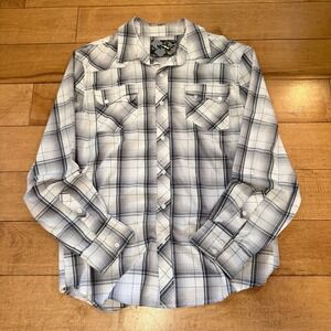 No Fear NSS Mens Large Grey White Plaid Western Snap Button Down Shirt